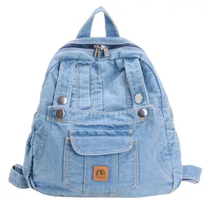 Casual denim backpack for women vintage light blue school bag with multiple pockets and secure zip.
