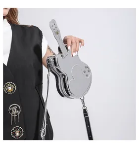 Silver mirror guitar shaped shoulder bag unique metallic crossbody bag for trendy women