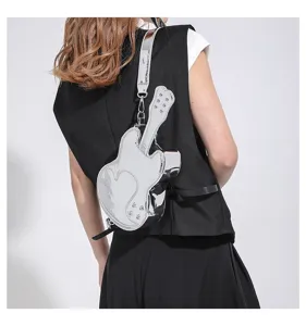 Detailed view of shiny metallic guitar shaped shoulder bag, cool niche trendy design.