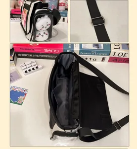 Detailed view of anime ita bag with transparent window, adjustable strap and multi compartments.