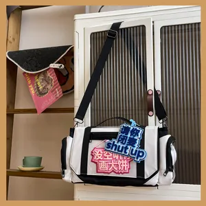 Large capacity black and white ita shoulder bag for students and anime fans daily use.