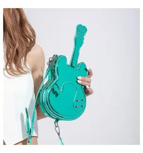 Unique guitar shape shiny women crossbody bag niche design green metallic shoulder bag
