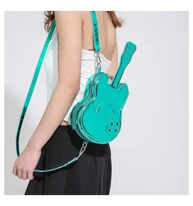 Metallic guitar shaped shoulder bag, unique niche design detail view for trendy women