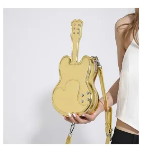Gold metallic guitar shaped shoulder bag detail, stylish niche design cross body bag.