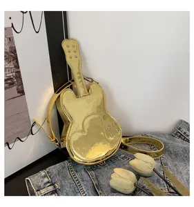 Shiny gold guitar shape shoulder bag for women, chic crossbody bag with metal rivet decor.
