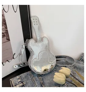 Silver metallic guitar shaped crossbody bag unique niche design stylish shoulder bag for women