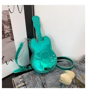 Green metallic guitar shaped crossbody bag, unique trendy shoulder bag for women and girls.