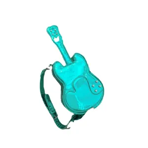 Glossy turquoise guitar shaped shoulder bag, unique niche design PU leather crossbody bag.