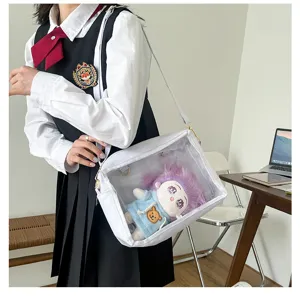 Clear window ita bag for 25cm plush dolls, white messenger shoulder bag with cute doll.