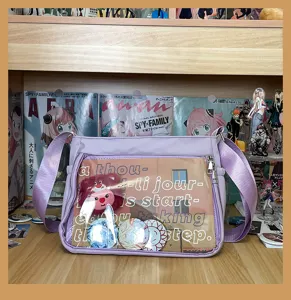 Purple nylon transparent ita bag for anime badges and pins, stylish crossbody bag for daily use.