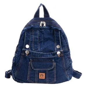 Classic blue denim backpack for women, casual vintage school book bag with multiple pockets.