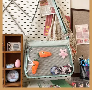 Casual canvas ita bag with transparent window, large capacity messenger bag for pins and badges.