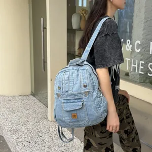Vintage Denim Backpack Women Retro Washed Denim School Bag Minimalist Aesthetic Commuter Travel Rucksack Niche Design Bag