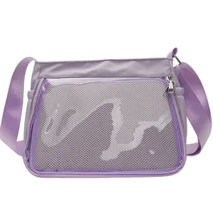 Light purple crossbody itabag with transparent mesh front pocket, casual daily shoulder bag for women