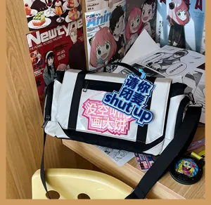 Detailed view of the stylish anime ita bag with transparent window, clear PU and canvas design.