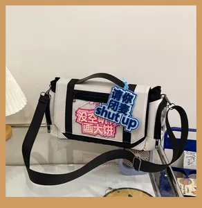 Casual anime messenger bag with wide strap and funny slogan patches for daily stylish students.
