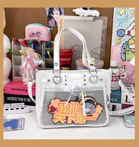 Λευκή τσάντα χιαστί ita bag από PU δέρμα με διαφανή τσέπη και φιόγκο για anime fans