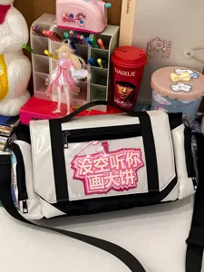 Black and white ita bag large capacity shoulder messenger bag for anime fans with clear window.