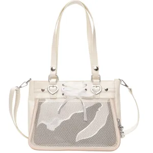 Λευκη τσanta ita pu leather με διαφανη μπροστινη τσεπη, καρδιες και φιγκο.