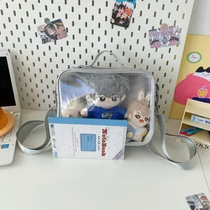Clear front ita bag for 20cm plush dolls, silver crossbody shoulder bag anime showcase.