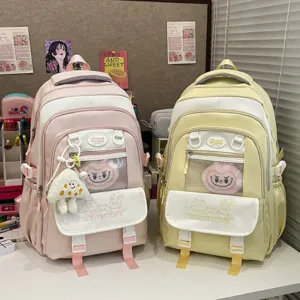 Preppy-Stil Nylon Rucksack Farbblock Transparentes Netzfach Große Kapazität Schultasche Süße Tier Gestickt Lässig Tagesrucksack Büchertasche Für Schüler Jugendliche Täglich