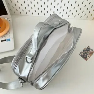 Silver crossbody ita bag detail view, sleek metallic PU leather shoulder bag for daily use.