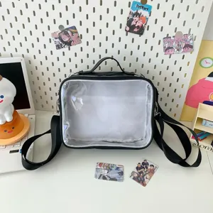 Transparent PVC Ita bag with clear window, black messenger bag for anime dolls.