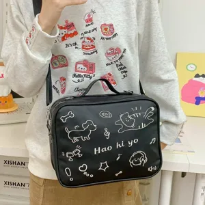 Cute black embroidered crossbody bag for women, casual shoulder bag with cat and dog.