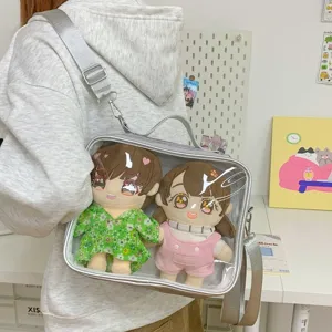 Clear PVC ita bag for 20cm dolls, stylish transparent shoulder messenger bag with adjustable strap.
