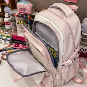 Rosa Canvas Schulrucksack fuer Schueler, grosses Fassungsvermoegen mit vielen Faechern.
