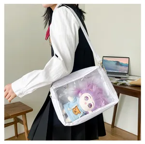 Detail shot of white transparent ita bag for 25cm dolls, Harajuku style crossbody bag.