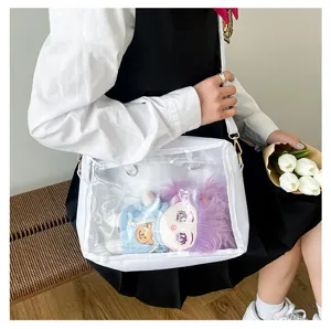 Detail view of the clear window ita bag showcasing a cute plush doll inside, perfect style.