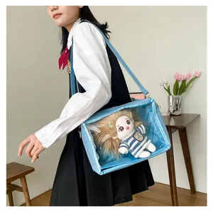 Light blue transparent window ita bag for 25cm plush doll cute student shoulder bag