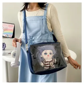 Detailed view of the cute Japanese Harajuku style transparent 25cm doll ita bag crossbody.