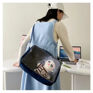 Japanese harajuku style clear window ita shoulder canvas bag designed for 25cm plush dolls.