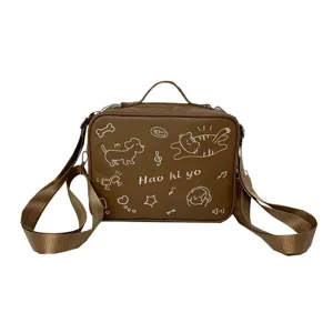 Brown crossbody bag with cute cat & dog print, casual PU leather shoulder bag for daily use.