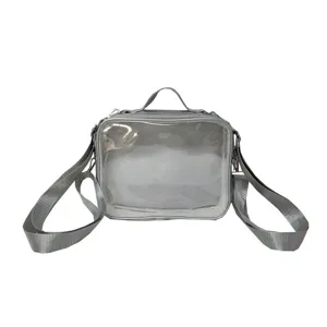 Clear messenger bag detail view, transparent front pocket with durable adjustable strap.