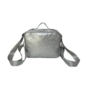 Silver metallic shoulder bag with cute cat and dog embroidery, casual crossbody design.