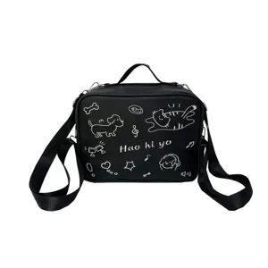 Black canvas crossbody bag with cute white embroidered cat dog doodle designs for daily use.