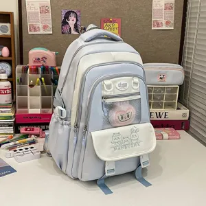Hellblauer ästhetischer Rucksack für Schüler und Jugendliche mit süßer Tierstickerei.