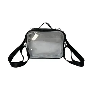 Clear transparent crossbody shoulder bag with black straps and top handle for daily use.