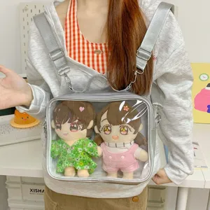 Cute Cat Embroidery Ita Bag Transparent Window Display Backpack Crossbody Bag Multi-Way Carry For 20cm Cotton Dolls Girls