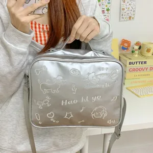 Silver embroidered messenger bag cute cat dog shoulder bag casual trendy crossbody bag for women