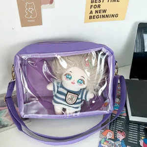 Purple canvas ita bag with transparent window for 25cm doll cute crossbody shoulder bag daily use