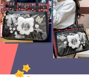 Japanese anime style ita bag clear window plaid shoulder bag large capacity casual daily commuter