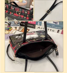 Japanese style JK plaid ita bag detail view, black and red PU leather clear window shoulder bag.