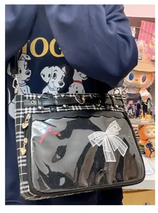 Japanese JK style checkered ita bag with clear window and bow for daily commuter use.
