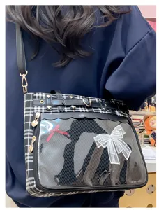 Japanese style black and white plaid itabag shoulder bag with transparent window clear display.