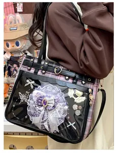 Japanese JK style plaid ita bag with clear window, large capacity shoulder commuter bag.
