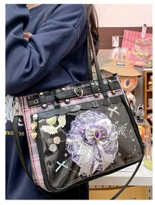 Japanese anime style JK plaid ita bag with clear PVC window, shoulder crossbody tote bag.